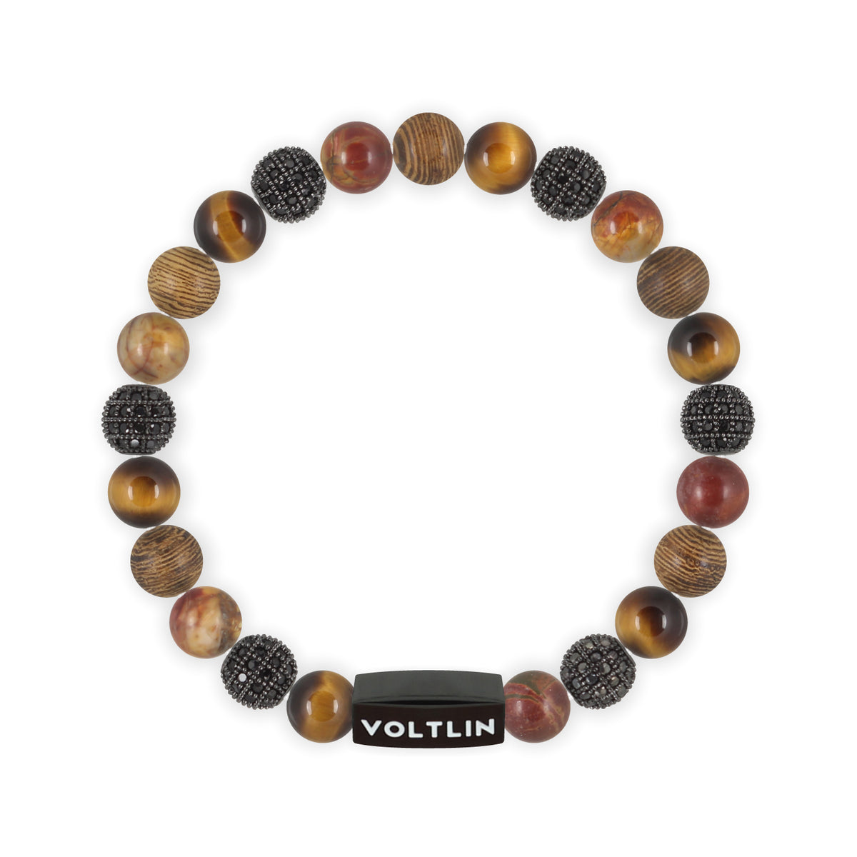 Top view of an 8 mm Umber Sirius beaded stretch bracelet featuring Yellow Tiger’s Eye, Black Pave, Red Creek Jasper, & Wood crystal and black stainless steel logo bead made by Voltlin