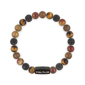 Top view of an 8 mm Umber Sirius beaded stretch bracelet featuring Yellow Tiger’s Eye, Black Pave, Red Creek Jasper, & Wood crystal and black stainless steel logo bead made by Voltlin