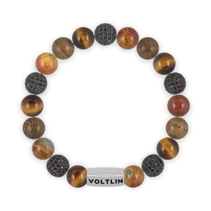 Top view of a 10mm Umber Sirius beaded stretch bracelet featuring Yellow Tiger’s Eye, Black Pave, Red Creek Jasper, & Wood crystal and silver stainless steel logo bead made by Voltlin