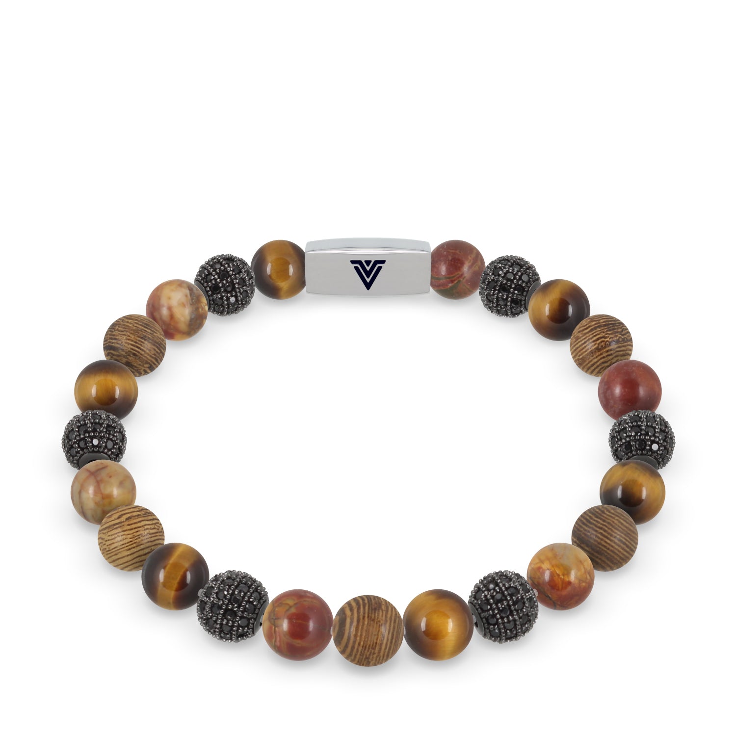 Front view of an 8mm Umber Sirius beaded stretch bracelet featuring Yellow Tiger’s Eye, Black Pave, Red Creek Jasper, & Wood crystal and silver stainless steel logo bead made by Voltlin