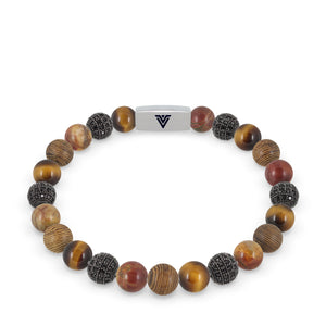 Front view of an 8mm Umber Sirius beaded stretch bracelet featuring Yellow Tiger’s Eye, Black Pave, Red Creek Jasper, & Wood crystal and silver stainless steel logo bead made by Voltlin