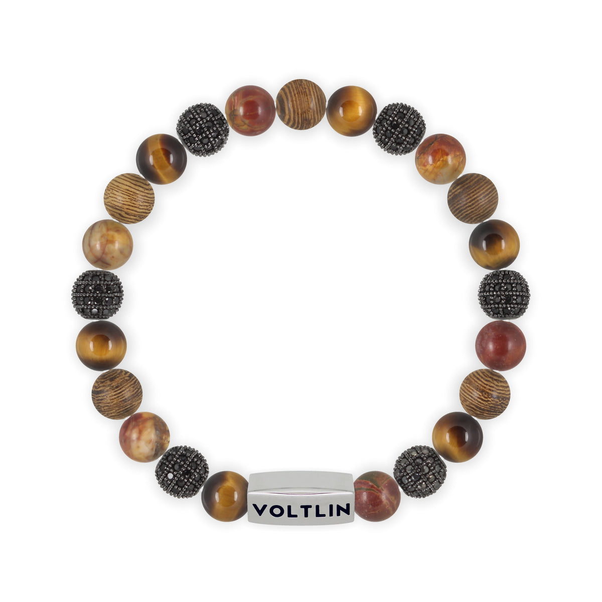 Top view of an 8mm Umber Sirius beaded stretch bracelet featuring Yellow Tiger’s Eye, Black Pave, Red Creek Jasper, & Wood crystal and silver stainless steel logo bead made by Voltlin