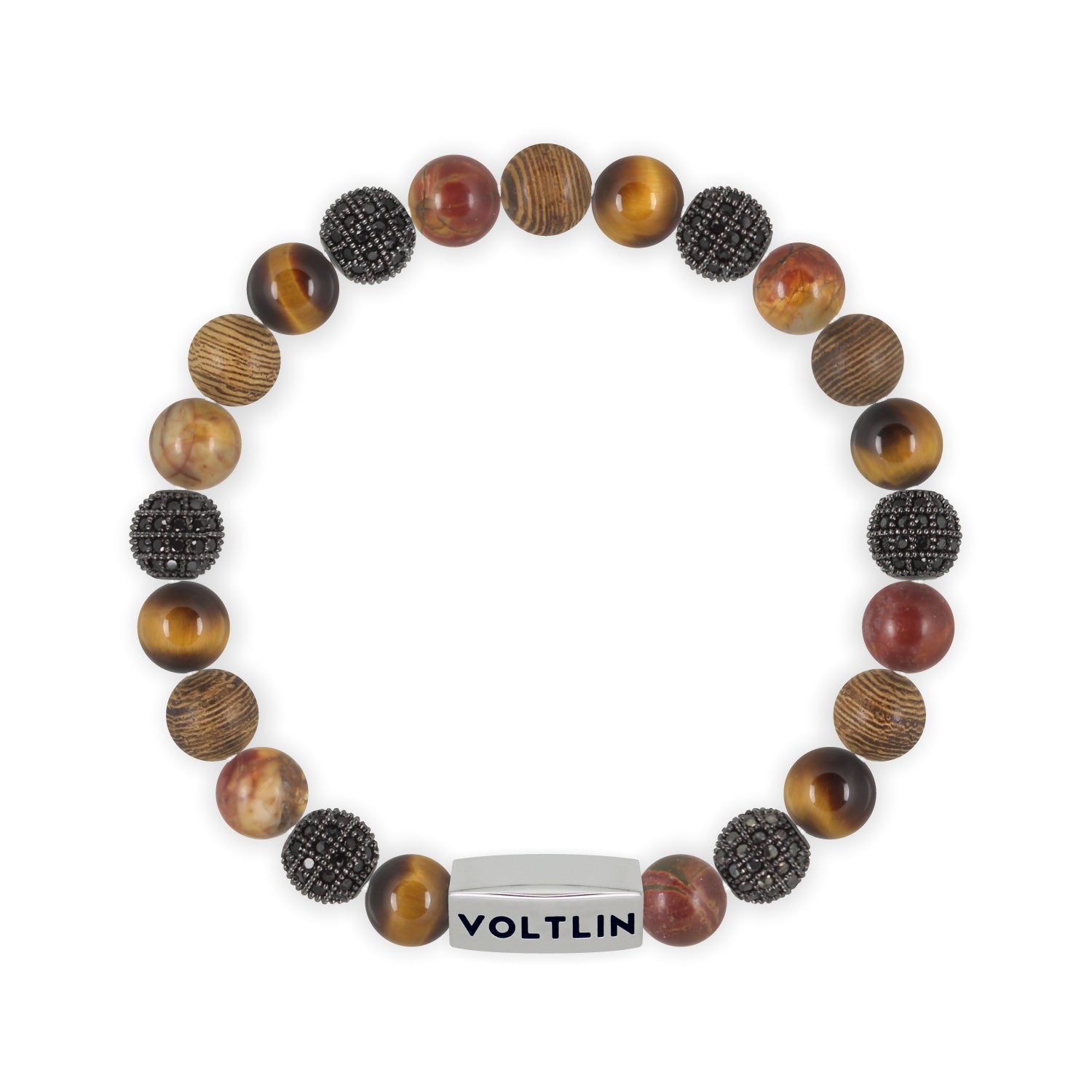 Top view of an 8mm Umber Sirius beaded stretch bracelet featuring Yellow Tiger’s Eye, Black Pave, Red Creek Jasper, & Wood crystal and silver stainless steel logo bead made by Voltlin
