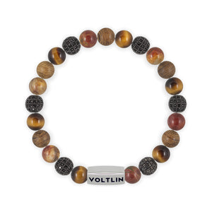 Top view of an 8mm Umber Sirius beaded stretch bracelet featuring Yellow Tiger’s Eye, Black Pave, Red Creek Jasper, & Wood crystal and silver stainless steel logo bead made by Voltlin