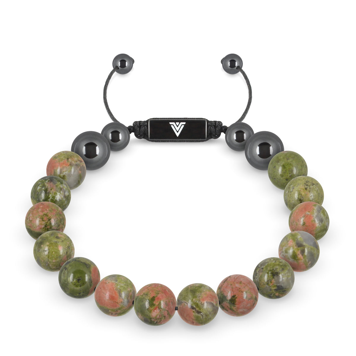 Front view of a 10mm Unakite crystal beaded shamballa bracelet with black stainless steel logo bead made by Voltlin