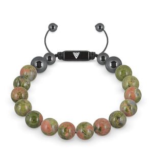 Front view of a 10mm Unakite crystal beaded shamballa bracelet with black stainless steel logo bead made by Voltlin