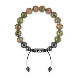 Top view of a 10mm Unakite crystal beaded shamballa bracelet with black stainless steel logo bead made by Voltlin