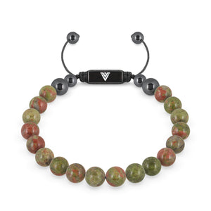 Front view of an 8mm Unakite crystal beaded shamballa bracelet with black stainless steel logo bead made by Voltlin