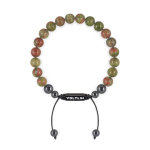 Top view of an 8mm Unakite crystal beaded shamballa bracelet with black stainless steel logo bead made by Voltlin