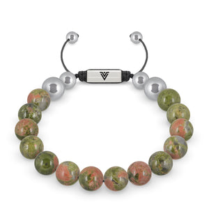 Front view of a 10mm Unakite beaded shamballa bracelet with silver stainless steel logo bead made by Voltlin