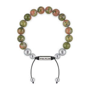 Top view of a 10mm Unakite beaded shamballa bracelet with silver stainless steel logo bead made by Voltlin