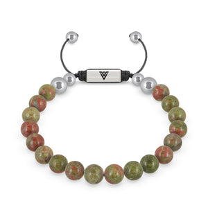 Front view of an 8mm Unakite beaded shamballa bracelet with silver stainless steel logo bead made by Voltlin