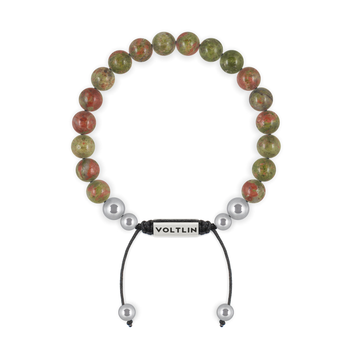 Top view of an 8mm Unakite beaded shamballa bracelet with silver stainless steel logo bead made by Voltlin
