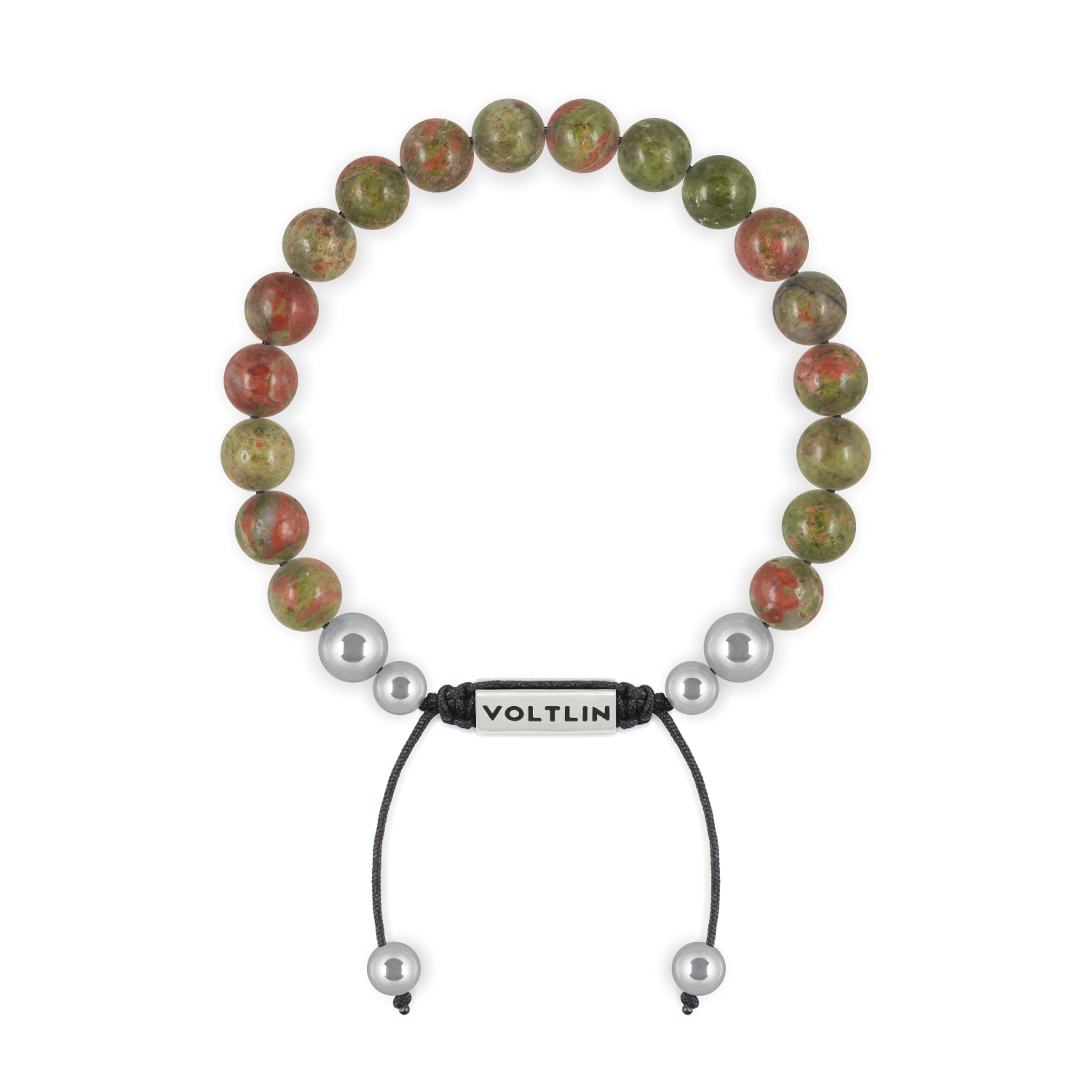 Top view of an 8mm Unakite beaded shamballa bracelet with silver stainless steel logo bead made by Voltlin