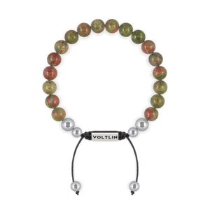 Top view of an 8mm Unakite beaded shamballa bracelet with silver stainless steel logo bead made by Voltlin