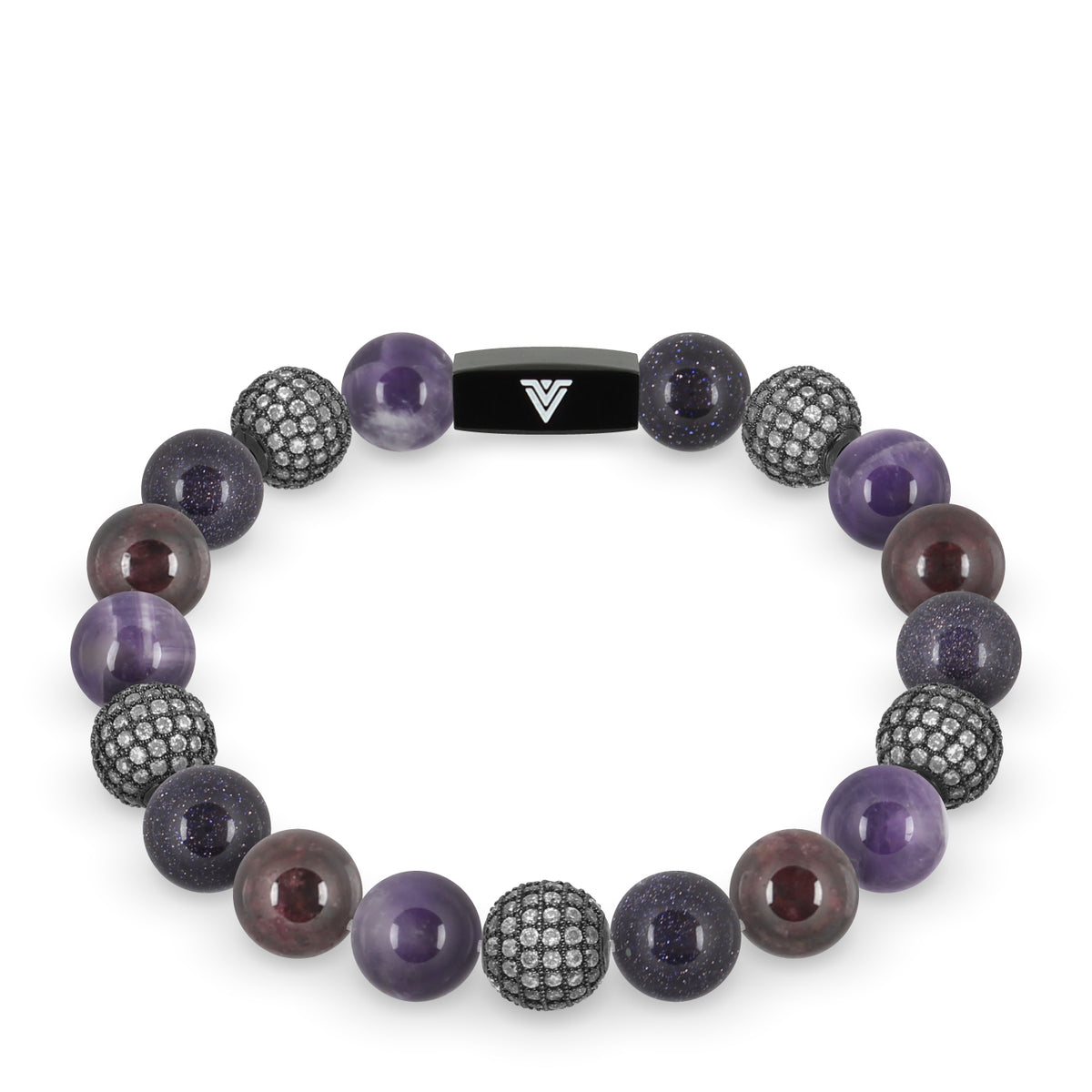 Front view of a 10 mm Violet Sirius beaded stretch bracelet featuring Amethyst, Steel Pave, Blue Goldstone, & Smooth Garnet crystal and black stainless steel logo bead made by Voltlin
