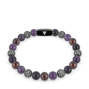 Front view of an 8mm Violet Sirius beaded stretch bracelet featuring Amethyst, Steel Pave, Blue Goldstone, & Smooth Garnet crystal and black stainless steel logo bead made by Voltlin