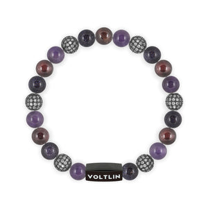Top view of an 8 mm Violet Sirius beaded stretch bracelet featuring Amethyst, Steel Pave, Blue Goldstone, & Smooth Garnet crystal and black stainless steel logo bead made by Voltlin
