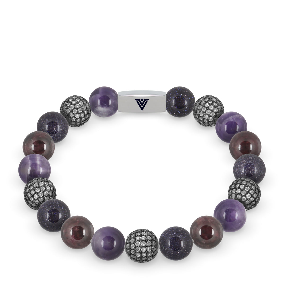 Front view of a 10mm Violet Sirius beaded stretch bracelet featuring Amethyst, Steel Pave, Blue Goldstone, & Smooth Garnet crystal and silver stainless steel logo bead made by Voltlin