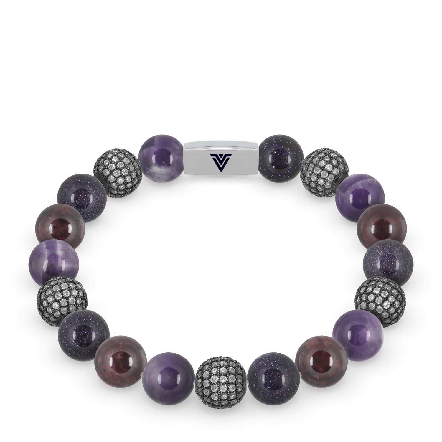 Front view of a 10mm Violet Sirius beaded stretch bracelet featuring Amethyst, Steel Pave, Blue Goldstone, & Smooth Garnet crystal and silver stainless steel logo bead made by Voltlin