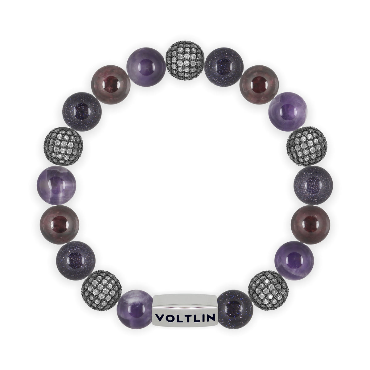 Top view of a 10mm Violet Sirius beaded stretch bracelet featuring Amethyst, Steel Pave, Blue Goldstone, & Smooth Garnet crystal and silver stainless steel logo bead made by Voltlin
