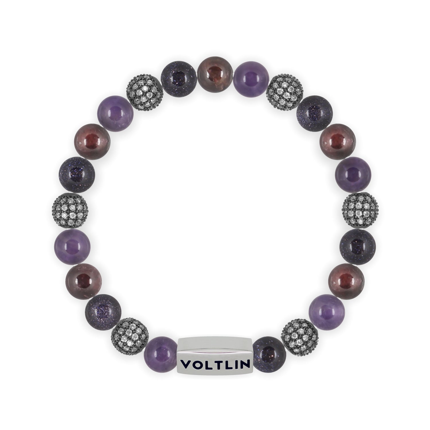 Front view of an 8mm Violet Sirius beaded stretch bracelet featuring Amethyst, Steel Pave, Blue Goldstone, & Smooth Garnet crystal and silver stainless steel logo bead made by Voltlin