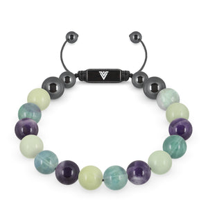 Front view of a 10mm Virgo Zodiac crystal beaded shamballa bracelet with black stainless steel logo bead made by Voltlin