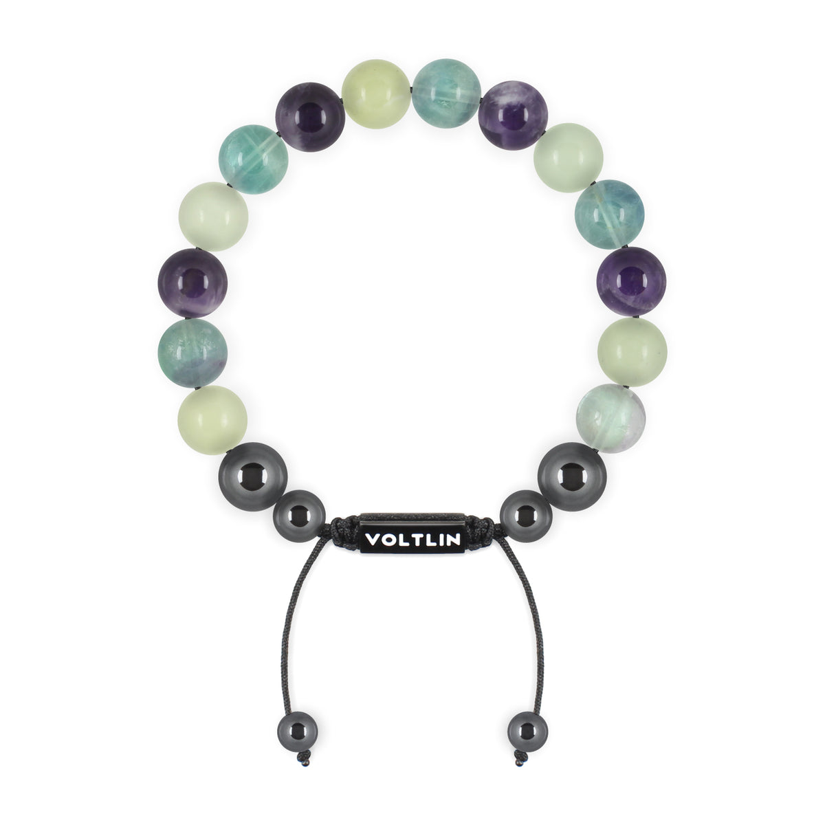 Top view of a 10mm Virgo Zodiac crystal beaded shamballa bracelet with black stainless steel logo bead made by Voltlin