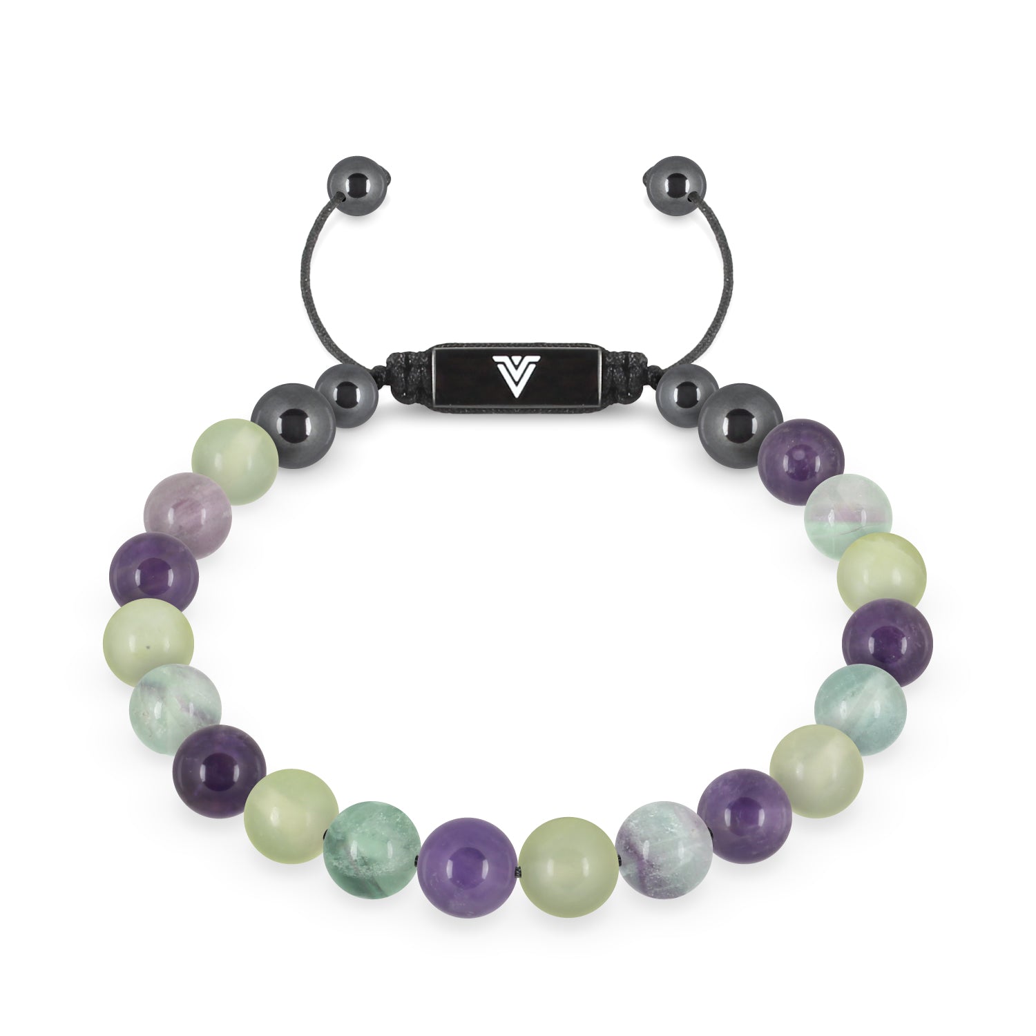 Front view of an 8mm Virgo Zodiac crystal beaded shamballa bracelet with black stainless steel logo bead made by Voltlin
