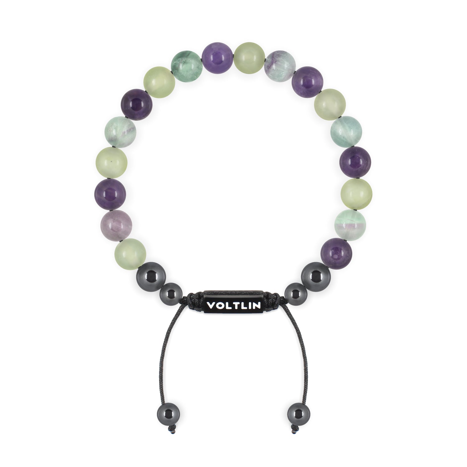 Front view of an 8mm Virgo Zodiac crystal beaded shamballa bracelet with black stainless steel logo bead made by Voltlin