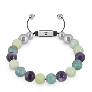 Front view of a 10mm Virgo Zodiac beaded shamballa bracelet featuring Jade, Fluorite, & Amethyst crystal and silver stainless steel logo bead made by Voltlin