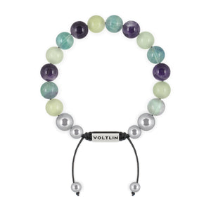 Top view of a 10mm Virgo Zodiac beaded shamballa bracelet featuring Jade, Fluorite, & Amethyst crystal and silver stainless steel logo bead made by Voltlin