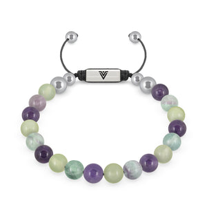 Front view of an 8mm Virgo Zodiac beaded shamballa bracelet featuring Jade, Fluorite, & Amethyst crystal and silver stainless steel logo bead made by Voltlin