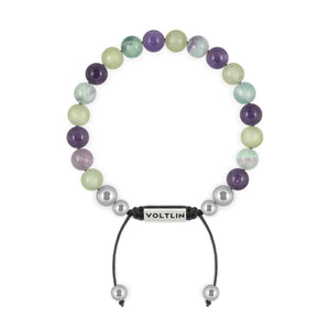 Top view of an 8mm Virgo Zodiac beaded shamballa bracelet featuring Jade, Fluorite, & Amethyst crystal and silver stainless steel logo bead made by Voltlin