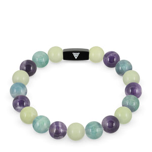 Front view of a 10mm Virgo Zodiac crystal beaded stretch bracelet with black stainless steel logo bead made by Voltlin