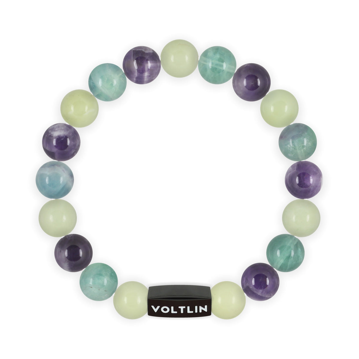 Top view of a 10mm Virgo Zodiac crystal beaded stretch bracelet with black stainless steel logo bead made by Voltlin