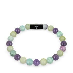 Front view of an 8mm Virgo Zodiac crystal beaded stretch bracelet with black stainless steel logo bead made by Voltlin