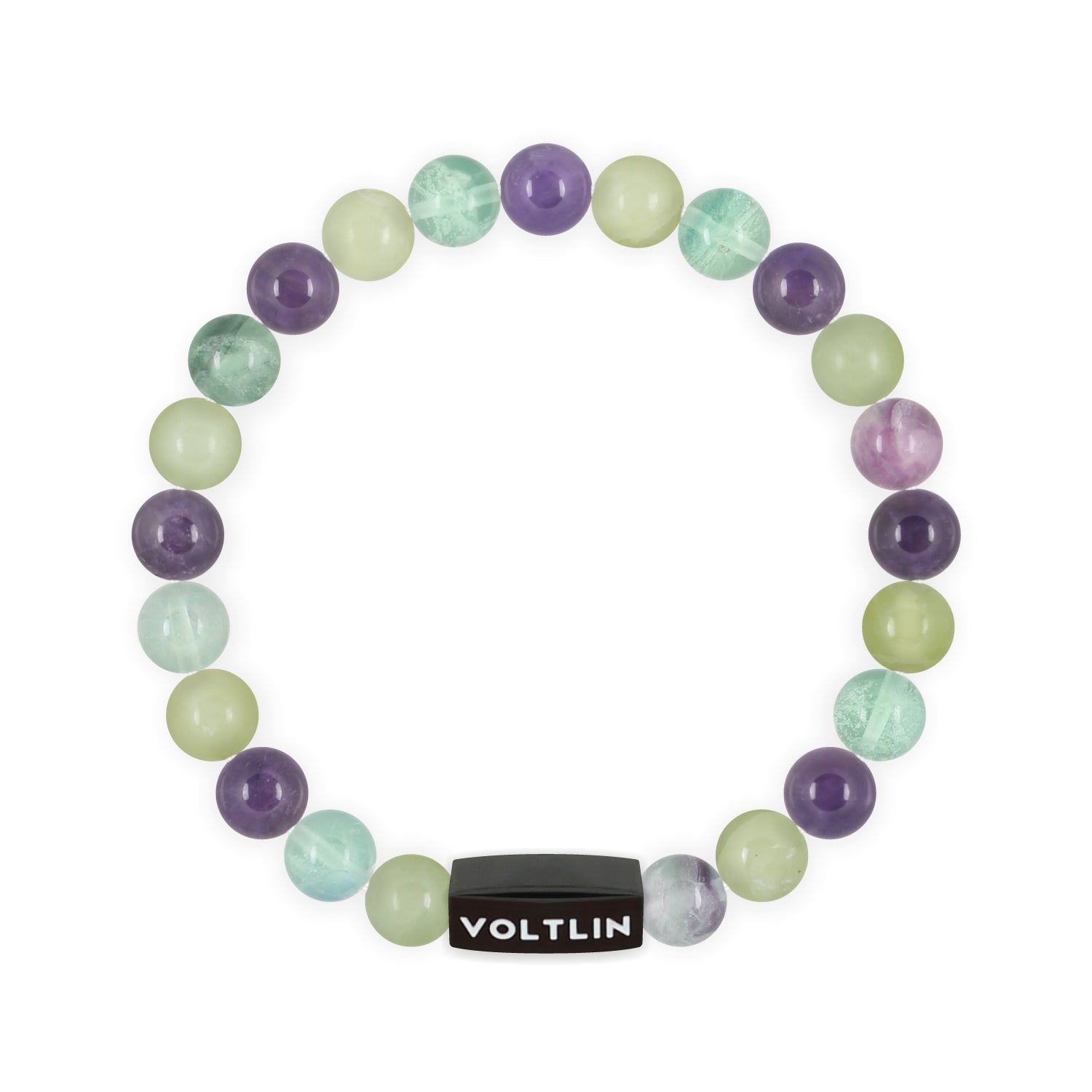 Front view of an 8mm Virgo Zodiac crystal beaded stretch bracelet with black stainless steel logo bead made by Voltlin