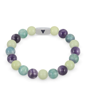 Front view of a 10mm Virgo Zodiac beaded stretch bracelet featuring Jade, Fluorite, & Amethyst crystal and silver stainless steel logo bead made by Voltlin