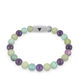 Front view of an 8mm Virgo Zodiac beaded stretch bracelet featuring Jade, Fluorite, & Amethyst crystal and silver stainless steel logo bead made by Voltlin