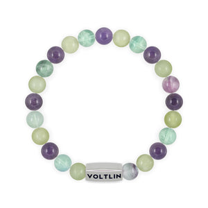 Top view of an 8mm Virgo Zodiac beaded stretch bracelet featuring Jade, Fluorite, & Amethyst crystal and silver stainless steel logo bead made by Voltlin