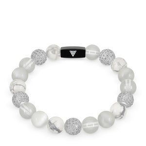 Front view of a 10 mm White Sirius beaded stretch bracelet featuring Howlite, Silver Pave, Quartz, & Selenite crystal and black stainless steel logo bead made by Voltlin