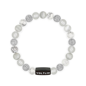 Top view of an 8 mm White Sirius beaded stretch bracelet featuring Howlite, Silver Pave, Quartz, & Selenite crystal and black stainless steel logo bead made by Voltlin