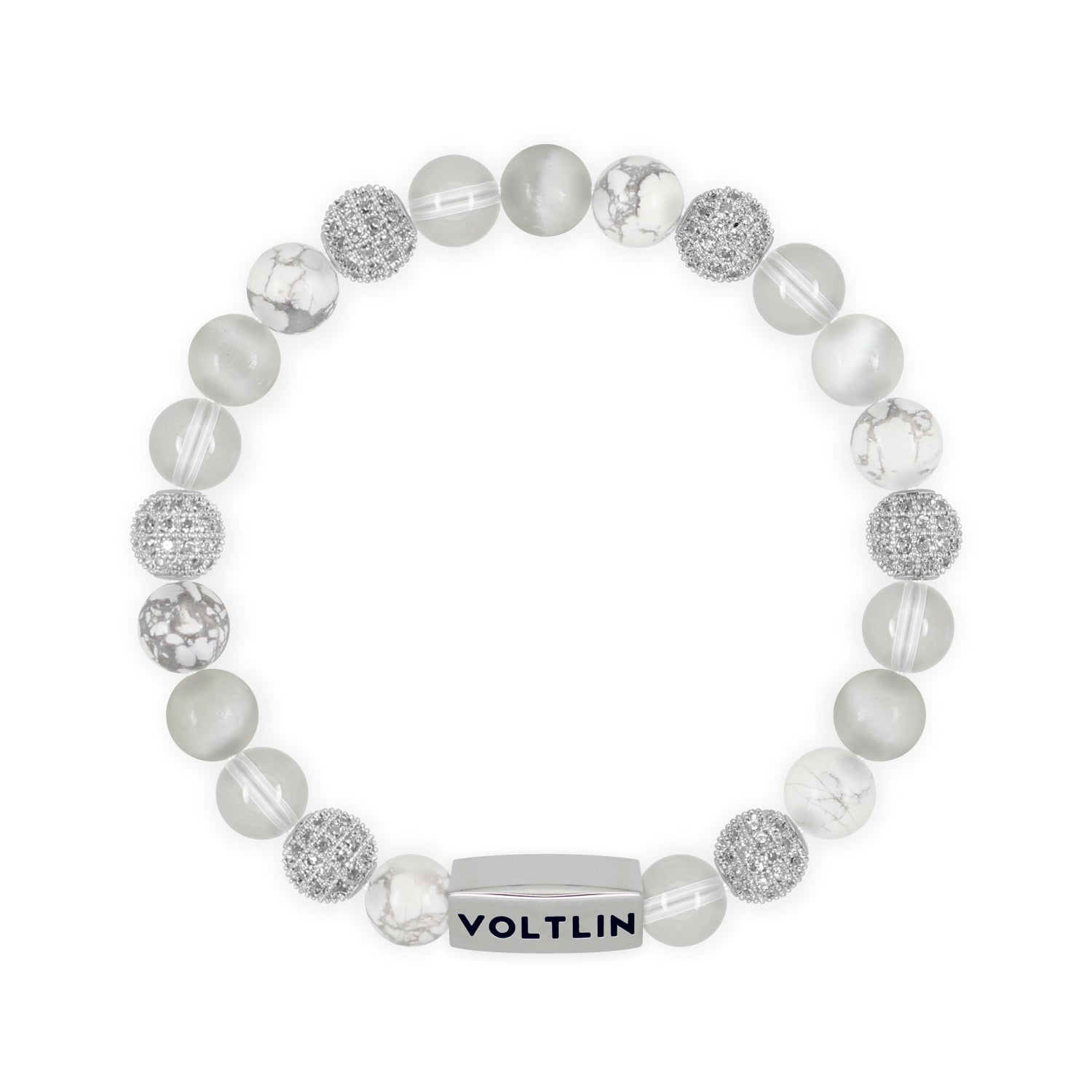 Front view of an 8mm White Sirius beaded stretch bracelet featuring Howlite, Silver Pave, Quartz, & Selenite crystal and silver stainless steel logo bead made by Voltlin