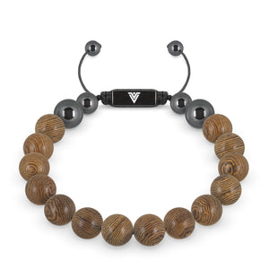 Front view of a 10mm Wood crystal beaded shamballa bracelet with black stainless steel logo bead made by Voltlin