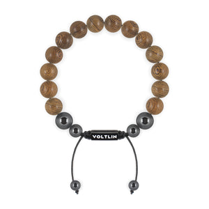 Top view of a 10mm Wood crystal beaded shamballa bracelet with black stainless steel logo bead made by Voltlin