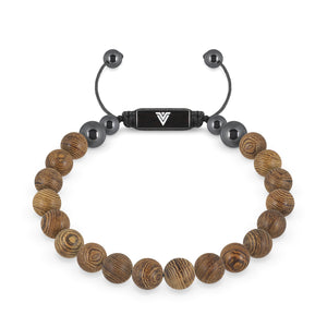 Front view of an 8mm Wood crystal beaded shamballa bracelet with black stainless steel logo bead made by Voltlin