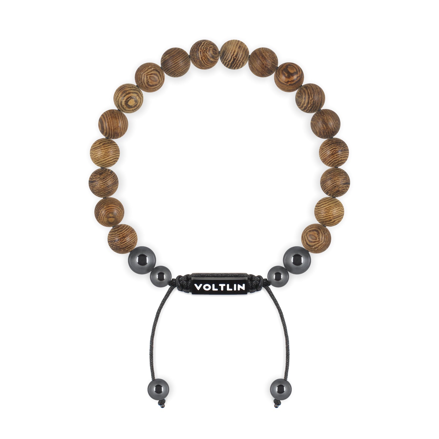 Front view of an 8mm Wood crystal beaded shamballa bracelet with black stainless steel logo bead made by Voltlin