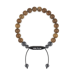Top view of an 8mm Wood crystal beaded shamballa bracelet with black stainless steel logo bead made by Voltlin