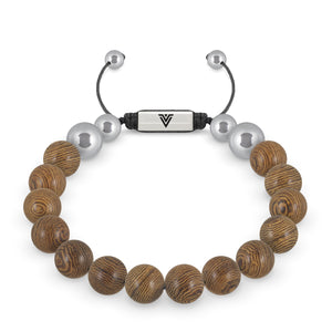 Front view of a 10mm Wedge Wood beaded shamballa bracelet with silver stainless steel logo bead made by Voltlin